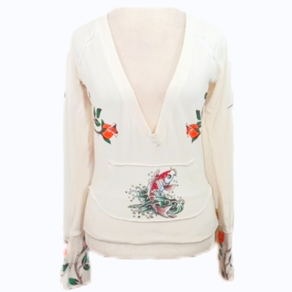 Ed Hardy Sweatshirt Koi Fish Butterfly Cropped Deep V-neck Kangaroo Pocket
